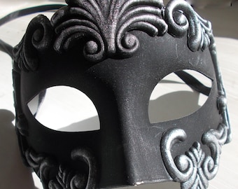 half face goth style mask, handmade and handpainted black and grey details, acrylic non toxic colours masquerade costume party mademeathens