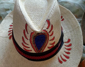 fedoras/trilby straw hats unisex handpainted w/acrylics decorated fashion stylish trendy lifestyle unique wearable art fashion accessories
