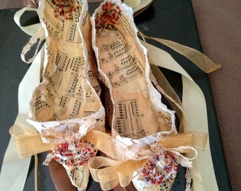 canvas wall decor paper shoes handmade and embellished with beads lace ribbons, decoupaged music sheets unique gift for all music lovers