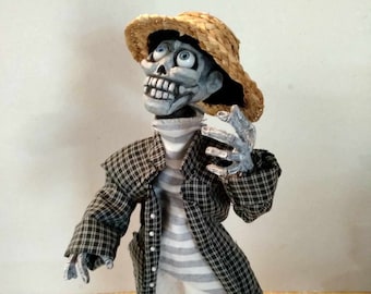 Tony the skeleton, art doll totally handmade handsewn size approx 13" (35cm) art doll collector's item halloween figurine by mademeathens