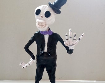 Mr.Skeleton polymer clay figurine size approx. 10.5" height totally handmade sculpture and painted art doll collector's item by mademeathens
