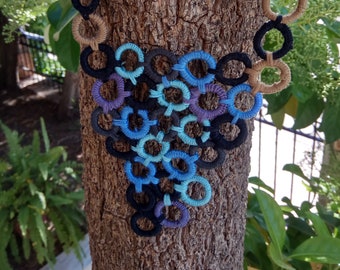 circles of life statement necklace crochet circles in different colours attached to each other, summer fashion, cotton crochet jewelry