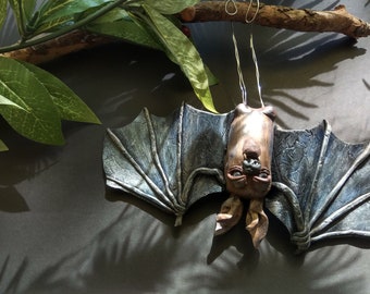 Polymer clay bat ornament totally handmade sculpture hanging upside down with open wings halloween deco acrylics coloring by mademeathens