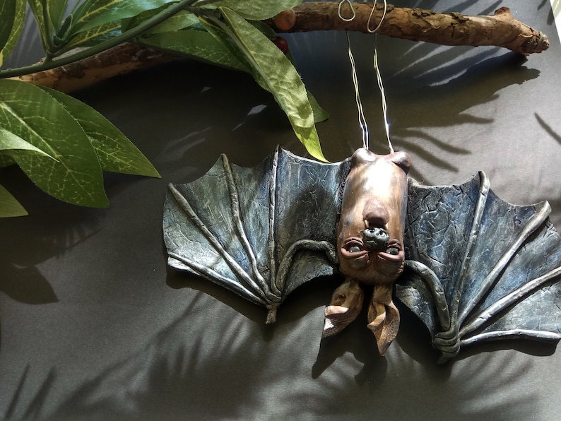Polymer Clay Bat Ornament Totally Handmade Sculpture Hanging Upside