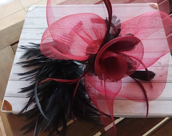 burgundy crinoline fascinator, flower shape of sinamay hairband hackle feathers bibi headpiece very elegant easy to wear for all occassions