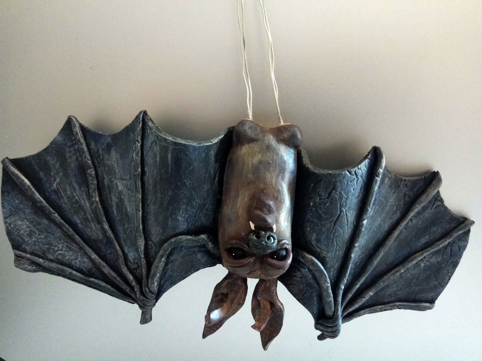 Polymer Clay Bat Ornament Totally Handmade Sculpture Hanging Upside