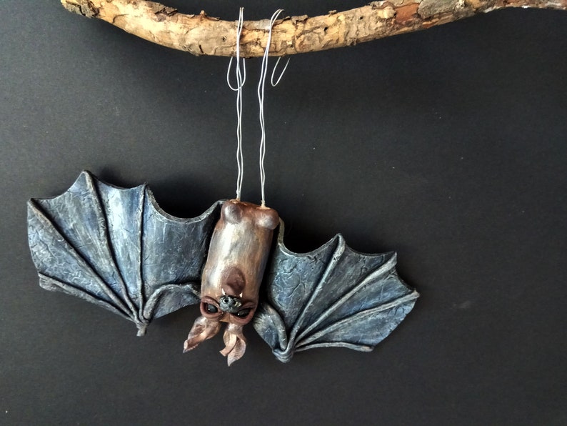 Polymer Clay Bat Ornament Totally Handmade Sculpture Hanging Upside