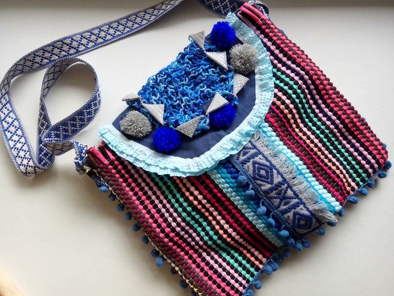 boho handwoven messenger bag in bright colours rag ethnic bag multi colour stripes embellished with fabric ribbons and pom pom inner fabric
