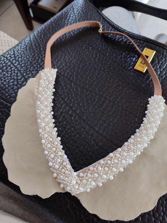 beaded collar statement necklace by mademeathens, peter pan collar,  statement collars, chic peter pan collar jewelry by mademeathens