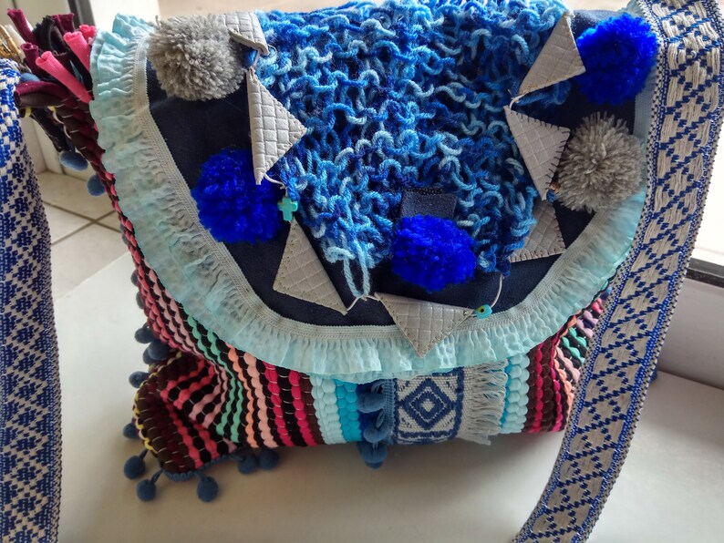 boho handwoven messenger bag in bright colours rag ethnic bag multi colour stripes embellished with fabric ribbons and pom pom inner fabric
