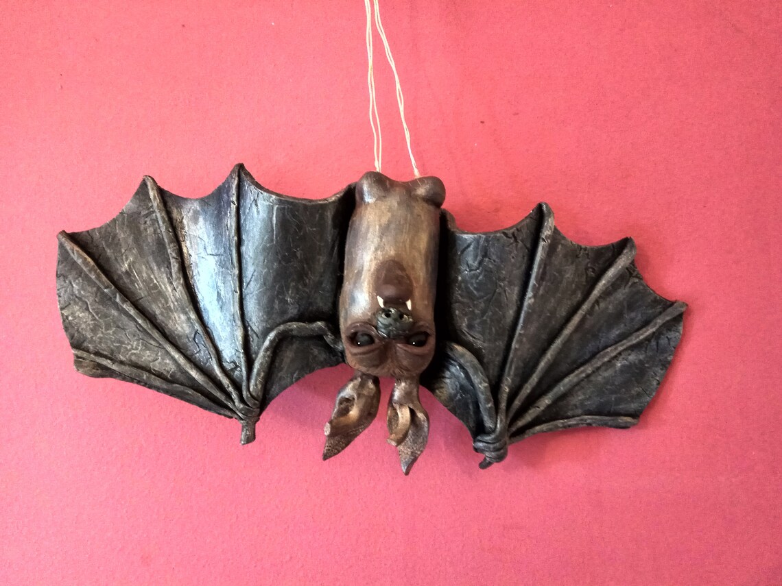 Polymer Clay Bat Ornament Totally Handmade Sculpture Hanging Upside
