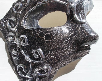 Black handmade half face mask phantom, venetian style, with crackle technique, elegant, unisex, masquerade ball, mardi gras by mademeathens