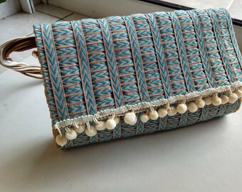 canvas handbag totally handmade turquoise and beige color pom pom endings stylish elegant purse for a chic outfit gifts for her