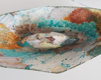 art decorative decoupaged boat mixed media art colorful ship, handmade sculpture, paper, putty plaster, unique art piece by mademeathens