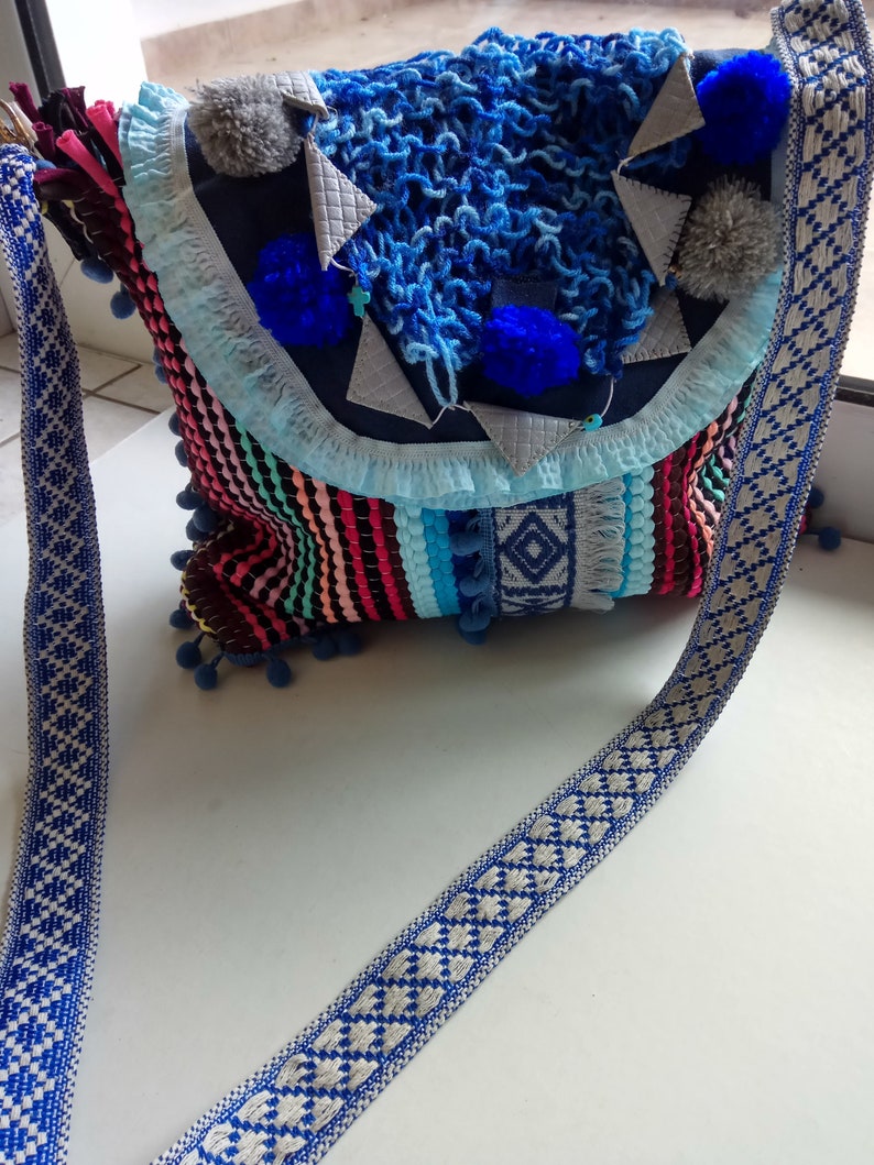 boho handwoven messenger bag in bright colours rag ethnic bag multi colour stripes embellished with fabric ribbons and pom pom inner fabric