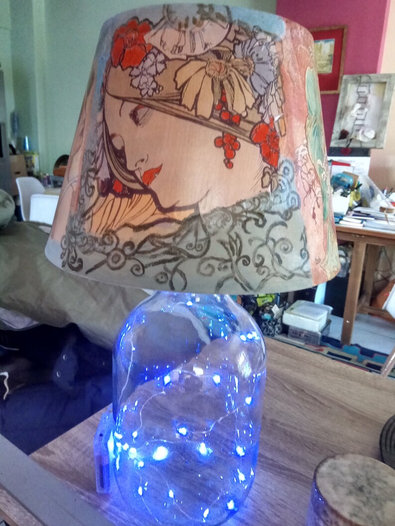 Decoupaged Lamp Shade With Famous Alphonse Mucha Tissue Paper, Sealed