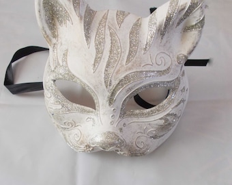 Gatto mask masquerade handmade of plaster and putty, cat mask, half face mask, venetian style, masquerade ball, mardi gras by mademeathens