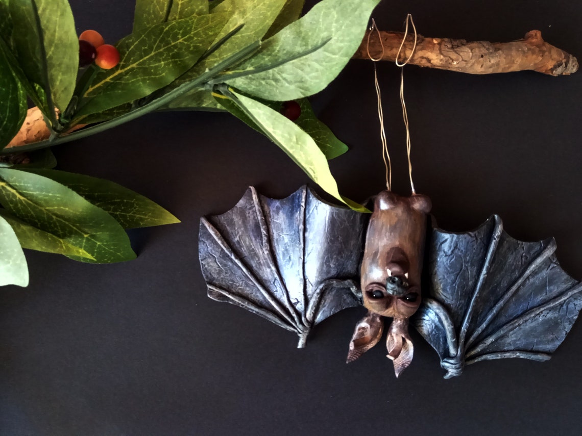 Polymer Clay Bat Ornament Totally Handmade Sculpture Hanging Upside