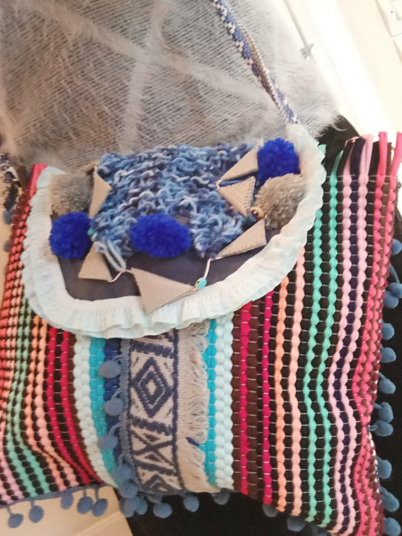 boho handwoven messenger bag in bright colours rag ethnic bag multi colour stripes embellished with fabric ribbons and pom pom inner fabric