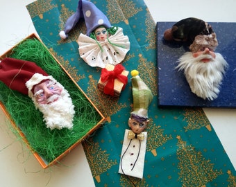 santa faces & elves clay sculpts hanging ornaments totally handmade by mademeathens unique xmas ornaments decorations size 2"X6" with hats