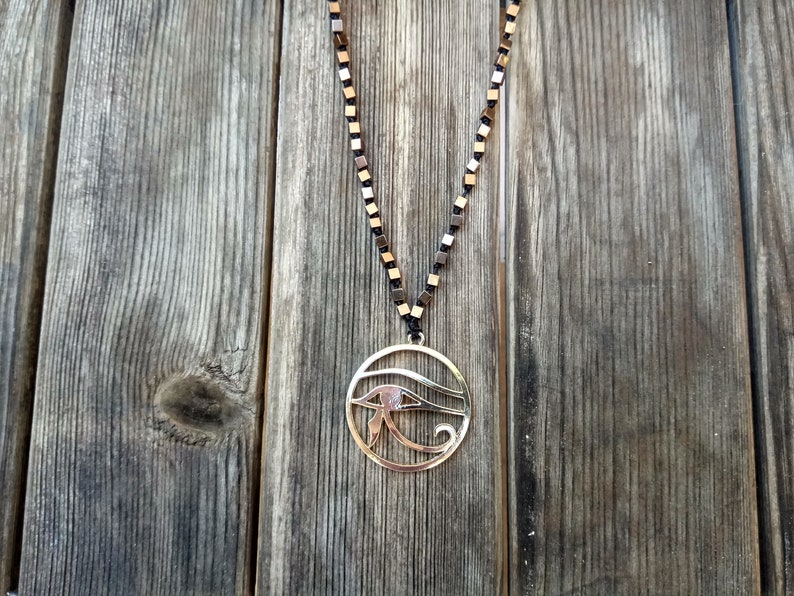 Hematite copper handmade pendant necklace with Eye of Ra, symbol of protection, royal power and good health summer jewelry gifts for her