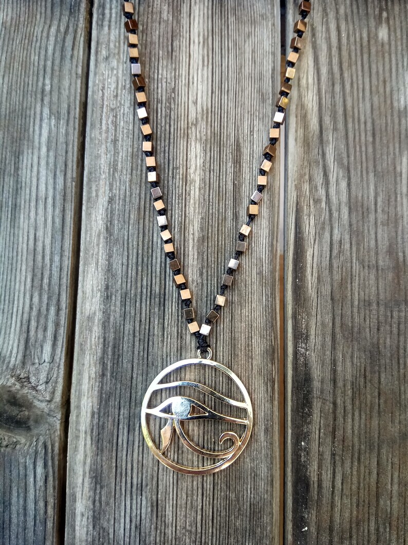 Hematite copper handmade pendant necklace with Eye of Ra, symbol of protection, royal power and good health summer jewelry gifts for her