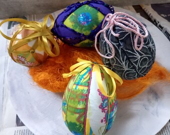 Set of 4 colourful handmade easter fabric covered eggs medium sized, ribbon loops, spring decorative ornaments homespun, bowl fillers gifts