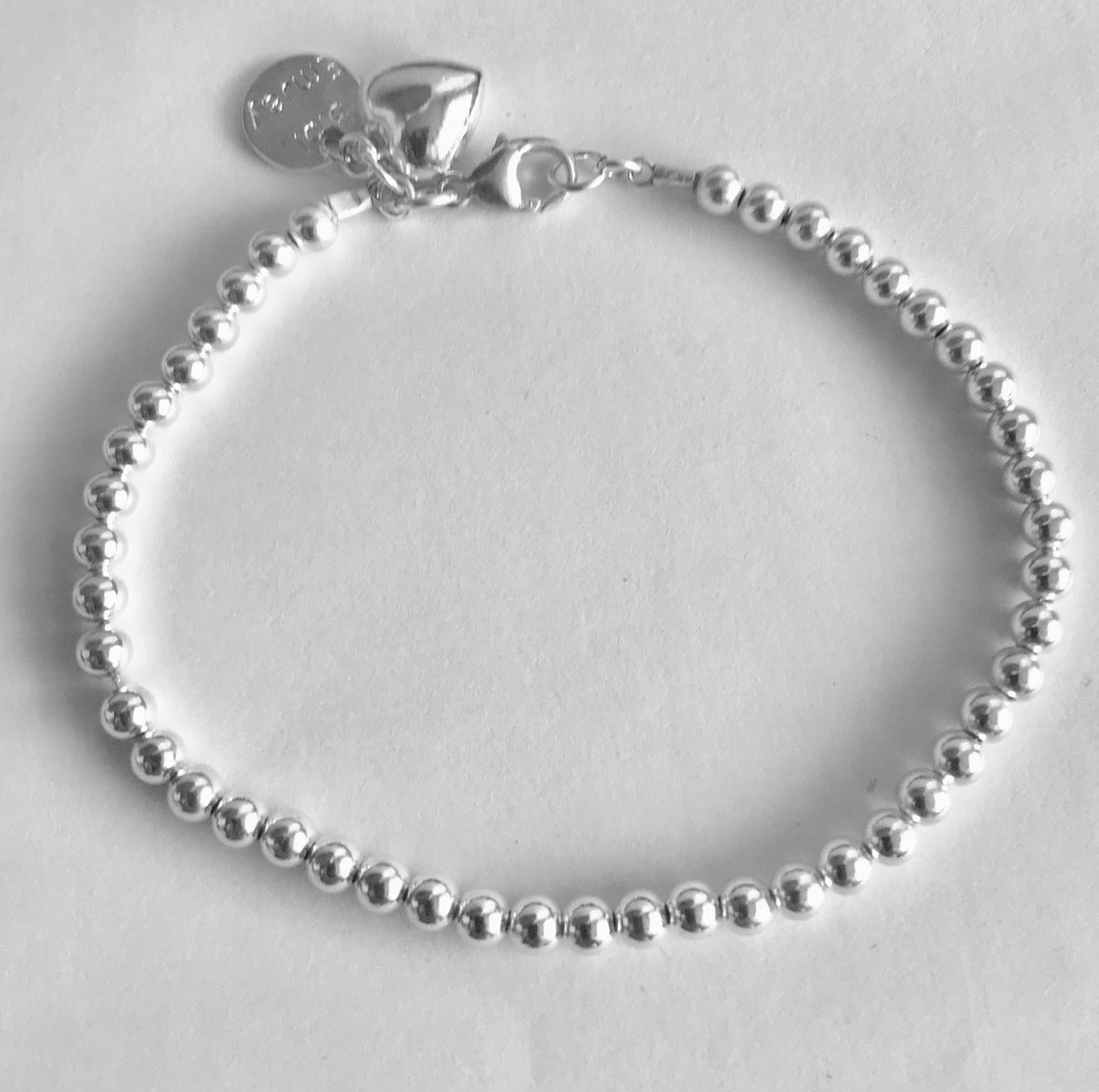 Sterling Silver Round Bead Bracelet With Heart Charm Etsy