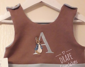 Embroidered Peter Rabbit Romper With Name Initial Made To Order Waffle Fabric Blue Brown
