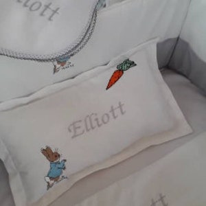 Peter Rabbit Patchwork Cot Bed Set. . Fleece Blanket Padded Quilt and Pillow. White. Grey Personalised