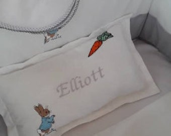 Peter Rabbit Patchwork Cot Bed Set. . Fleece Blanket Padded Quilt and Pillow. White. Grey Personalised