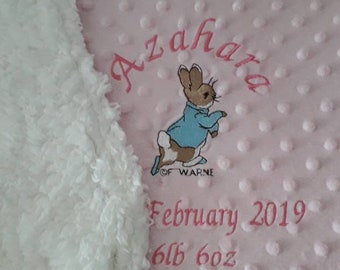 Personalised peter rabbit pink or blue Fleece Blanket  Faux Sheep Fleece