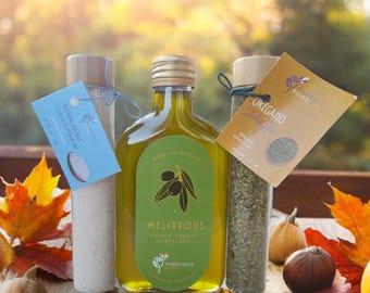 Griechisches Gourmet-Geschenkset: Natives Olivenöl Extra, Oregano aus eigenem Anbau, Rohes Meersalz