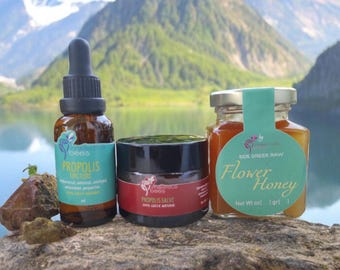 Greek Propolis Set  Tincture, Salve, Honey - All Natural Wellness Herbal Gift