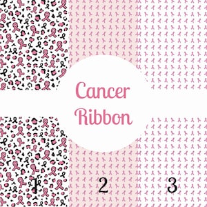 Pode incluir: Tr&ecirc;s padr&otilde;es diferentes com desenhos de fitas cor-de-rosa. O primeiro padr&atilde;o &eacute; um fundo branco com fitas cor-de-rosa e manchas de leopardo pretas. O segundo padr&atilde;o &eacute; um fundo rosa claro com fitas cor-de-rosa. O terceiro padr&atilde;o &eacute; um fundo branco com fitas cor-de-rosa. O texto "Cancer Ribbon" est&aacute; no centro da imagem.