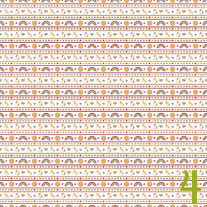 May include: A seamless pattern featuring a repeating design of rainbows, suns, stars, hearts, and unicorns on a white background.