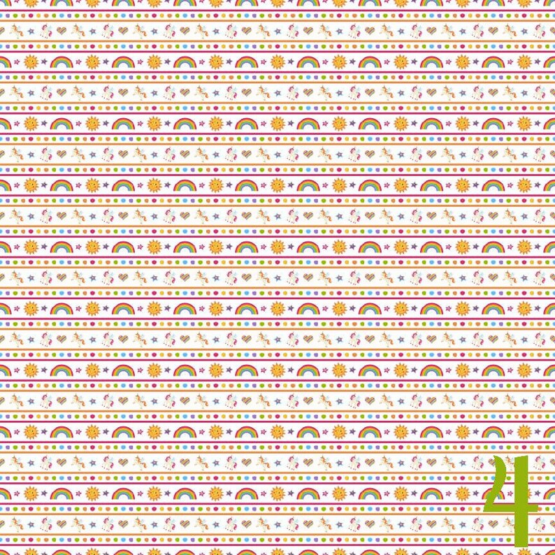 May include: A seamless pattern featuring a repeating design of rainbows, suns, stars, hearts, and unicorns on a white background.