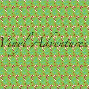 May include: A green background with a repeating pattern of red and white candy canes and blue and white candy canes. The text "Vinyl Adventures" is written in black cursive across the center of the image.
