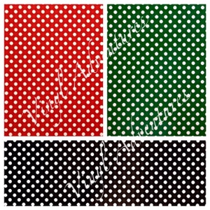 May include: Three fabric swatches with white polka dots on different colored backgrounds. The swatches are red, green, and black.