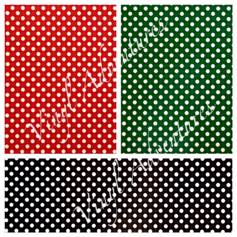 May include: Three fabric swatches with white polka dots on different colored backgrounds. The swatches are red, green, and black.
