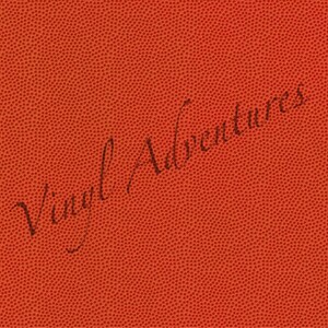 May include: Orange textured background with the text "Vinyl Adventures" written in black cursive.