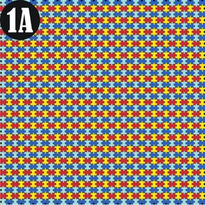 May include: A repeating pattern of puzzle pieces in red, yellow, blue, and light blue. The puzzle pieces are arranged in a grid pattern.