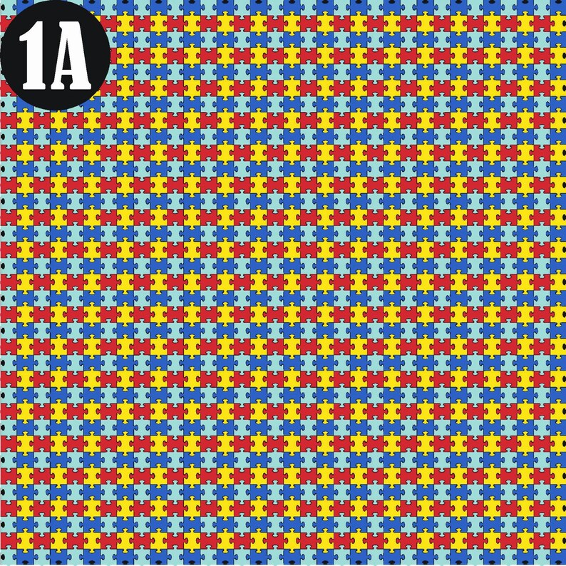 May include: A repeating pattern of puzzle pieces in red, yellow, blue, and light blue. The puzzle pieces are arranged in a grid pattern.