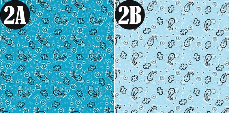 May include: Two paisley patterned fabric swatches. The swatch on the left is a bright turquoise blue with white and black paisley designs. The swatch on the right is a light blue with white and black paisley designs.