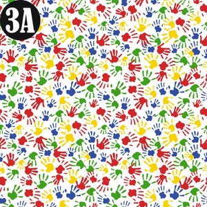 May include: A seamless pattern of colorful handprints in red, blue, green, and yellow on a white background.