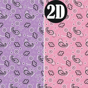 May include: Two paisley patterned fabric swatches. The left swatch is purple with white paisley designs. The right swatch is pink with white paisley designs. The swatches are labeled "2C" and "2D" respectively.