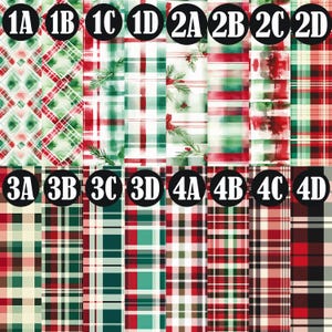 May include: A digital paper pack with 12 different Christmas plaid patterns in red, green, white, and black. The patterns are labeled 1A through 4D.
