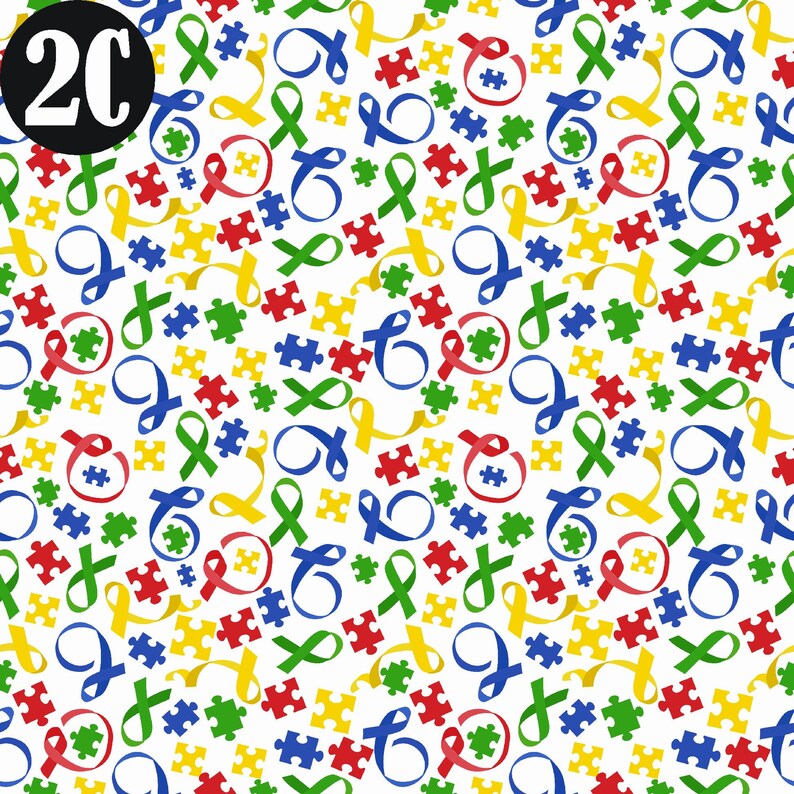 Op de afbeelding: Een naadloos patroon met blauwe, gele, groene en rode puzzelstukjes en linten. De achtergrond is wit.