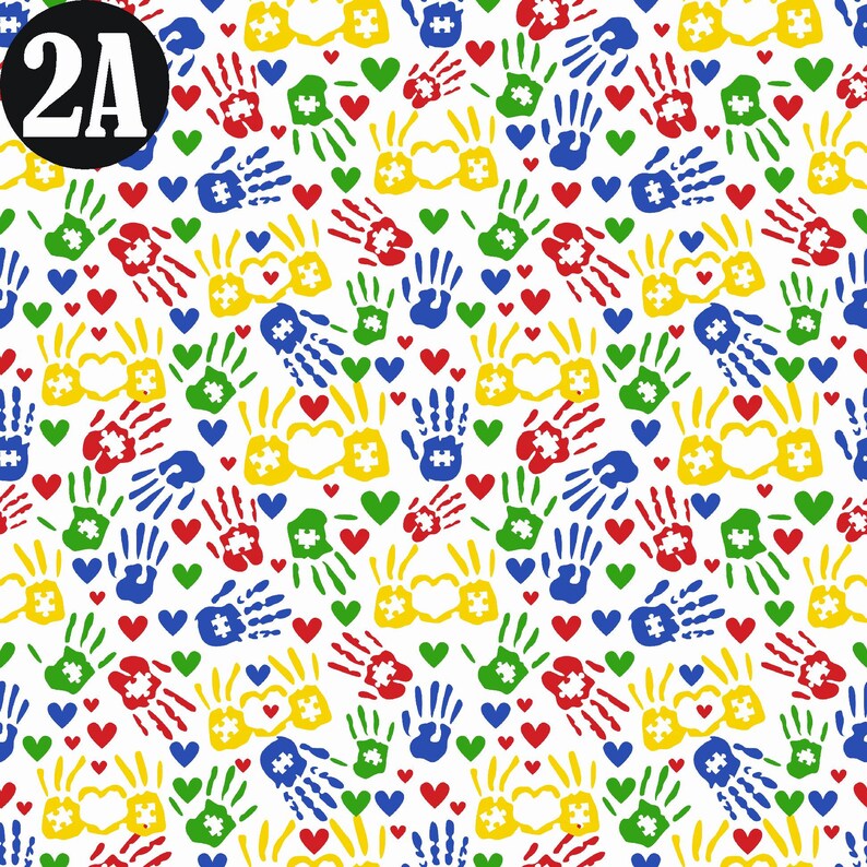 Op de afbeelding: Een naadloos patroon met kleurrijke handafdrukken met puzzelstukjes in het midden, omringd door kleine rode hartjes. De handafdrukken zijn in blauw, groen, geel en rood.