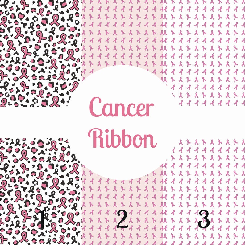 Pode incluir: Tr&ecirc;s padr&otilde;es diferentes com desenhos de fitas cor-de-rosa. O primeiro padr&atilde;o &eacute; um fundo branco com fitas cor-de-rosa e manchas de leopardo pretas. O segundo padr&atilde;o &eacute; um fundo rosa claro com fitas cor-de-rosa. O terceiro padr&atilde;o &eacute; um fundo branco com fitas cor-de-rosa. O texto "Cancer Ribbon" est&aacute; no centro da imagem.